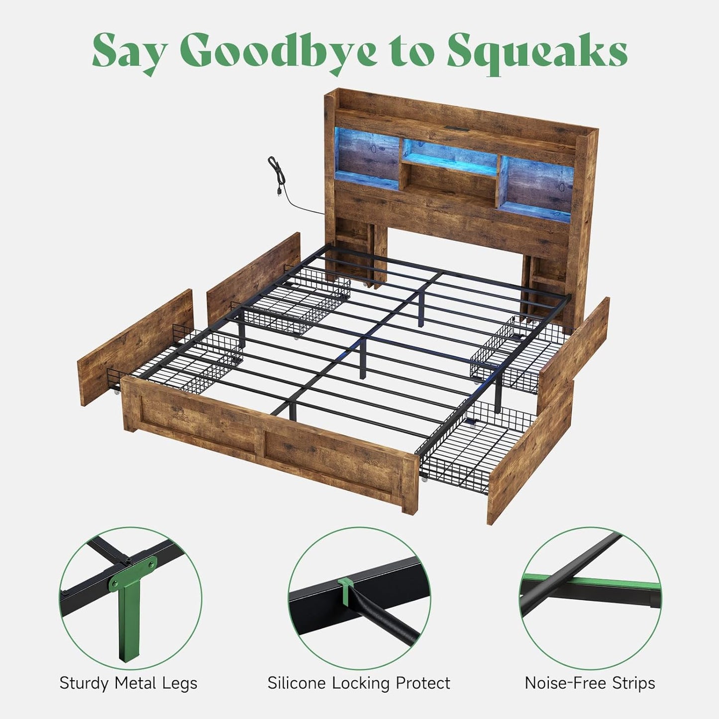 Queen Bed Frame With 4 Storage Drawers Wood Bed Frame With 49.6 Inch Tall Bookcase Headboard LED Platform Bed With Charging - Cheerful Home Finds