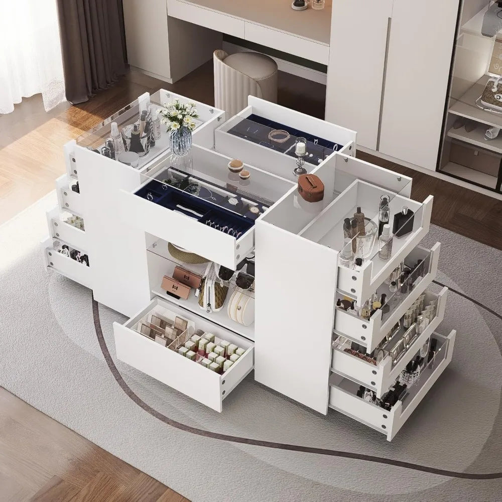 Closet Island with Drawers, White Dresser & Glass Top - Cheerful Home Finds