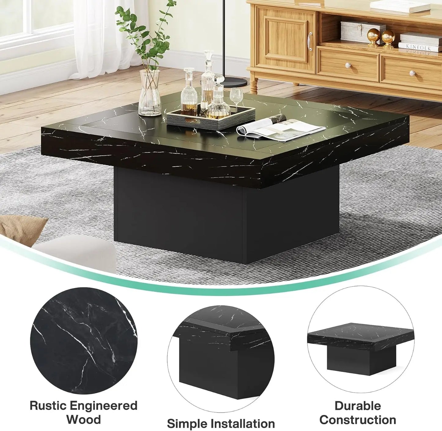 Tribesigns Square LED Coffee Table Engineered Wood Low Coffee Table for Living Room Rustic Brown and Black