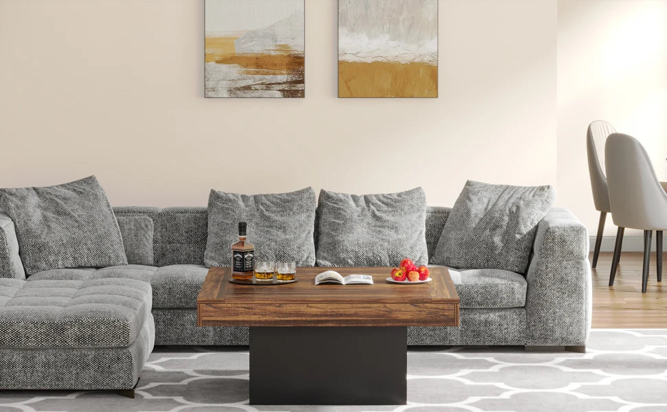 Tribesigns Square LED Coffee Table Engineered Wood Low Coffee Table for Living Room Rustic Brown and Black