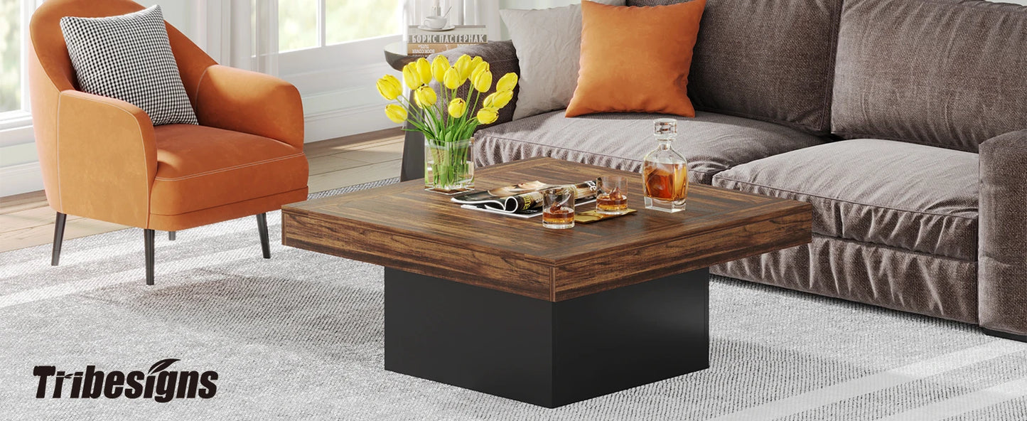 Tribesigns Square LED Coffee Table Engineered Wood Low Coffee Table for Living Room Rustic Brown and Black