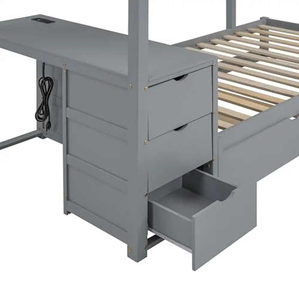 Twin Over Twin Bunk Beds with Desk Storage Drawers Trundle Charging Station Kids Teens Girls Gray Wood Frame 65.4"H 300 lbs - Cheerful Home Finds