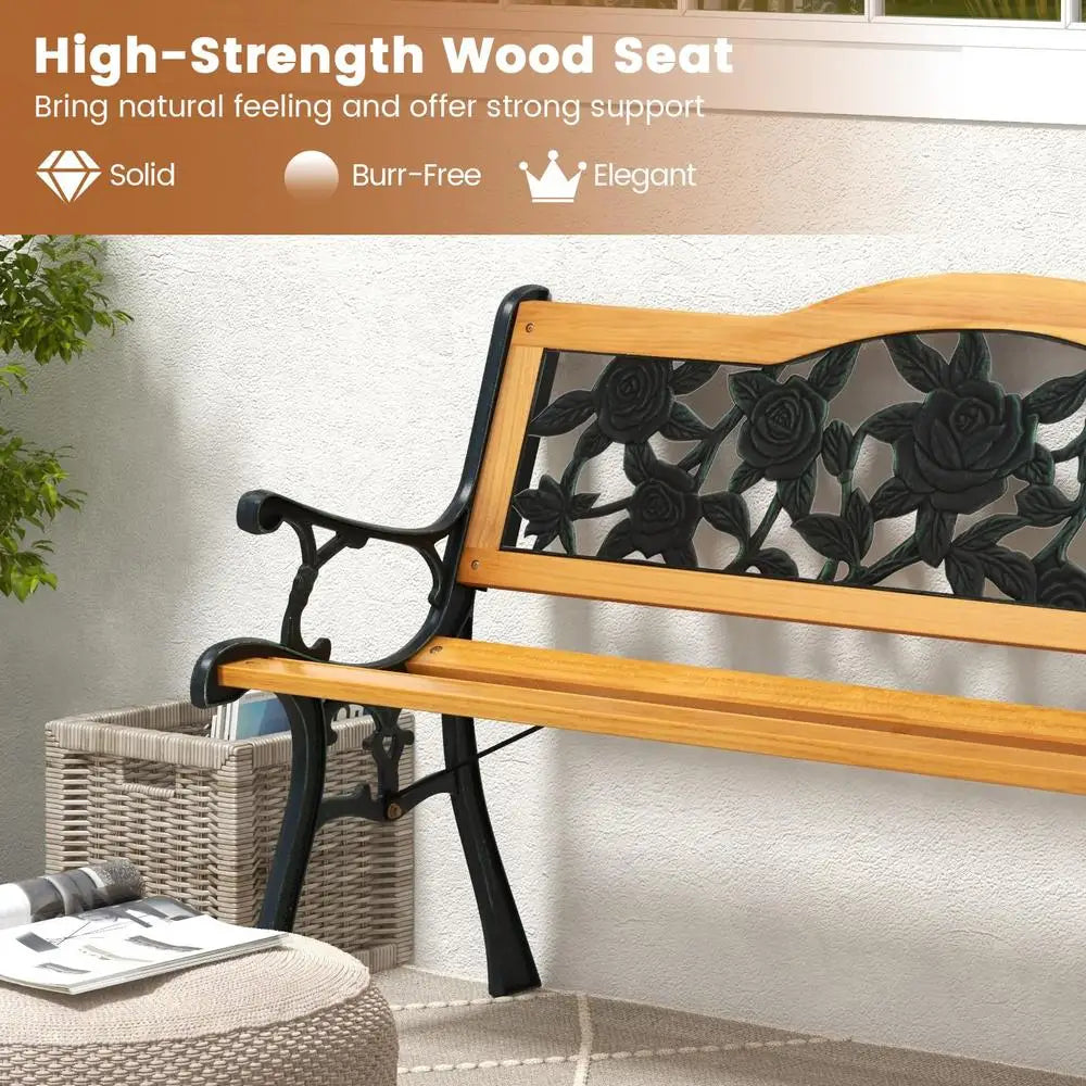 Durable Outdoor Garden Bench Cast Iron Hardwood Furniture Weather Resistant Park Loveseat Chair Patio Yard Relaxing