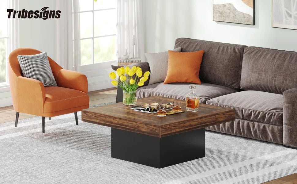 Tribesigns Square LED Coffee Table Engineered Wood Low Coffee Table for Living Room Rustic Brown and Black