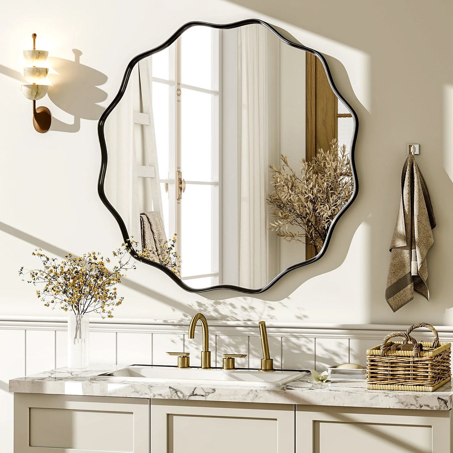 Wavy Round Bathroom Mirror Decorative Wall Mirror with Deep Frame - Cheerful Home Finds