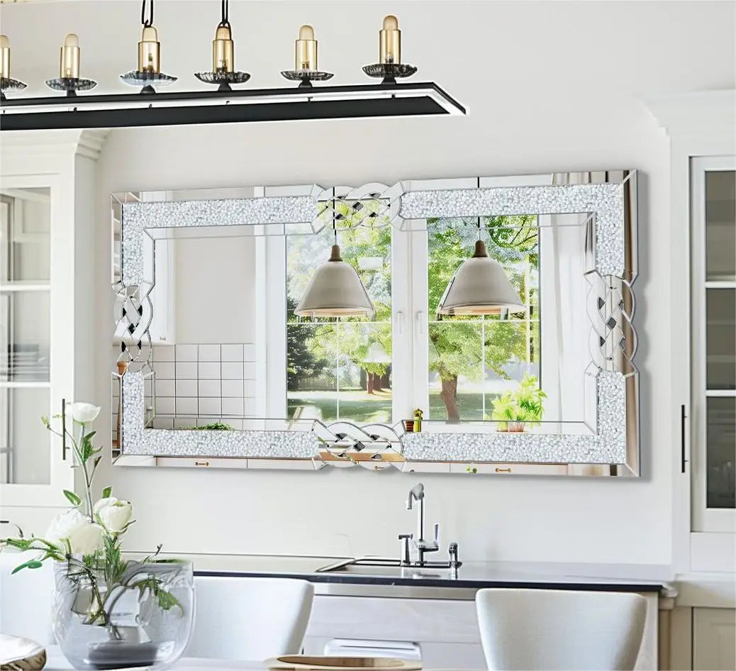 90/100/120CM Large Crystal Crush Diamond Mirror Vanity Silver Decorative Wall Hang Mirror - Cheerful Home Finds