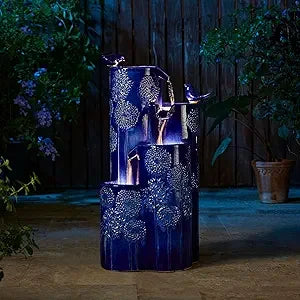 31.75 Inch Outdoor Water Fountain with LED Lights and Pump 4 Tier Dandelion Texture Vase Shaped Ceramic Floor Standing Fountain