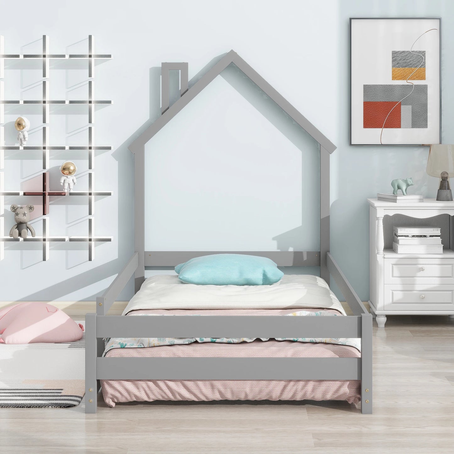 Twin Size Wood Bed With House-Shaped Headboard Grey - Cheerful Home Finds