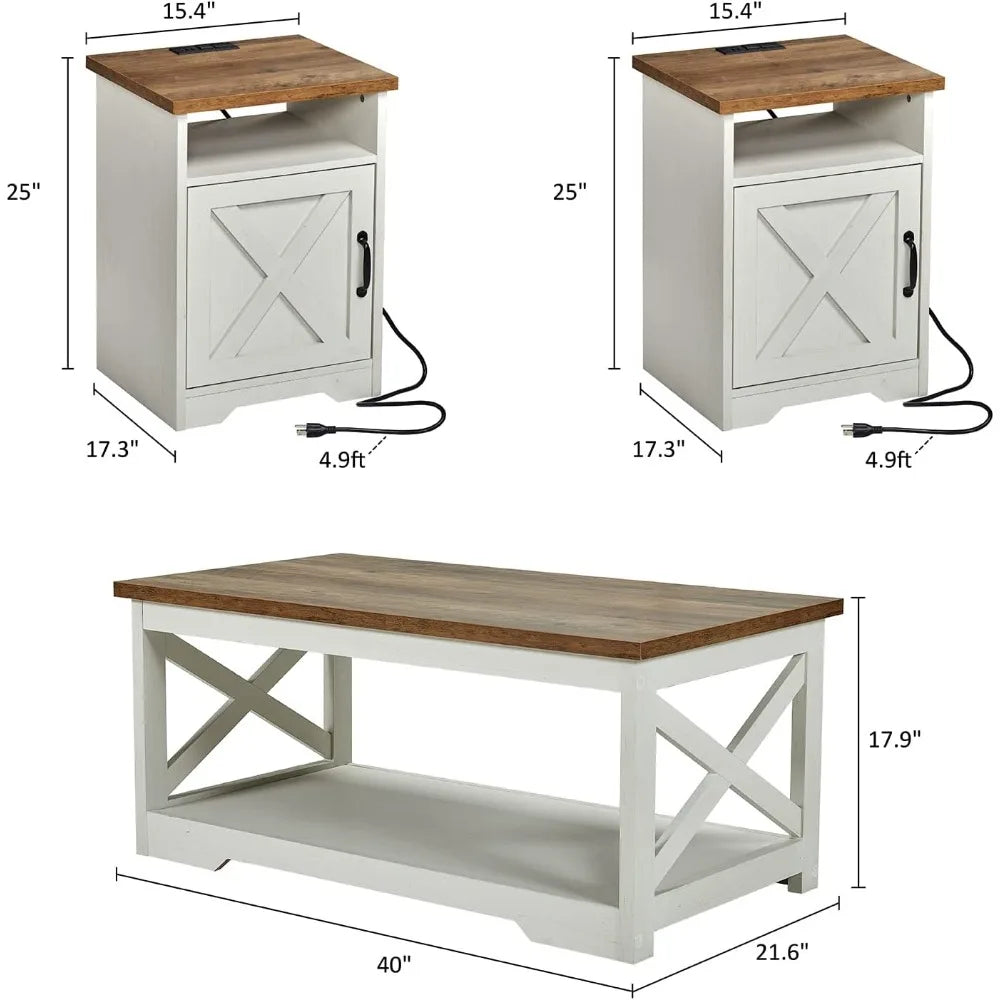 3 Piece Farmhouse Living Room Table Set with Coffee Table and 2 End Tables Charging Station and USB Ports Distressed White