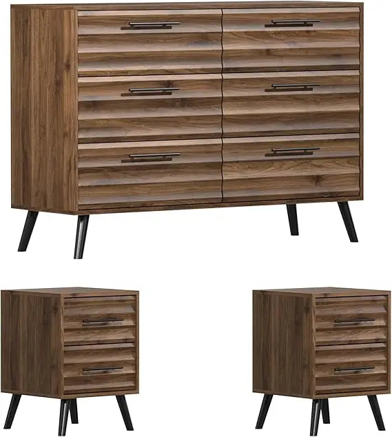 Farmhouse Bedroom Set 3 Pieces Rustic Wood 6 Drawer Dresser Nightstands and Wide Chest of Drawers Furniture