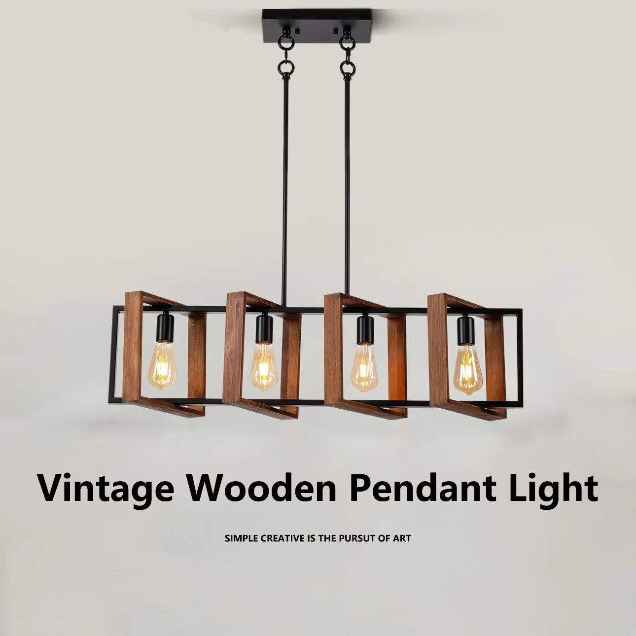 Vintage Industrial Style 4-Head Pendant Light Solid Wood Iron Hanging Lamps for Dining Room and Restaurant Lighting Fixture