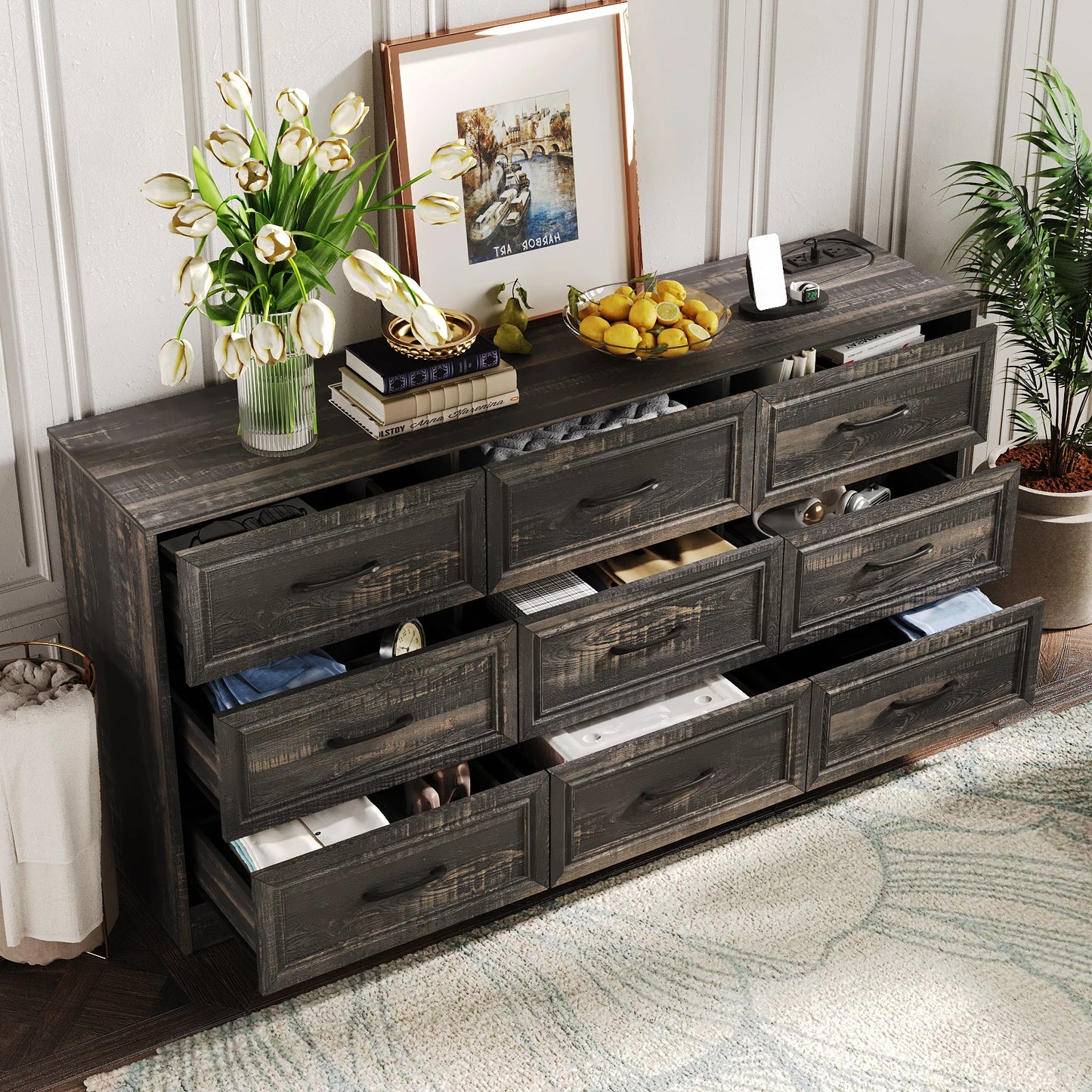 Vabches Wood Dresser for Bedroom 9 Drawer Storage Organizer with Power Outlet and Metal Handles - Cheerful Home Finds