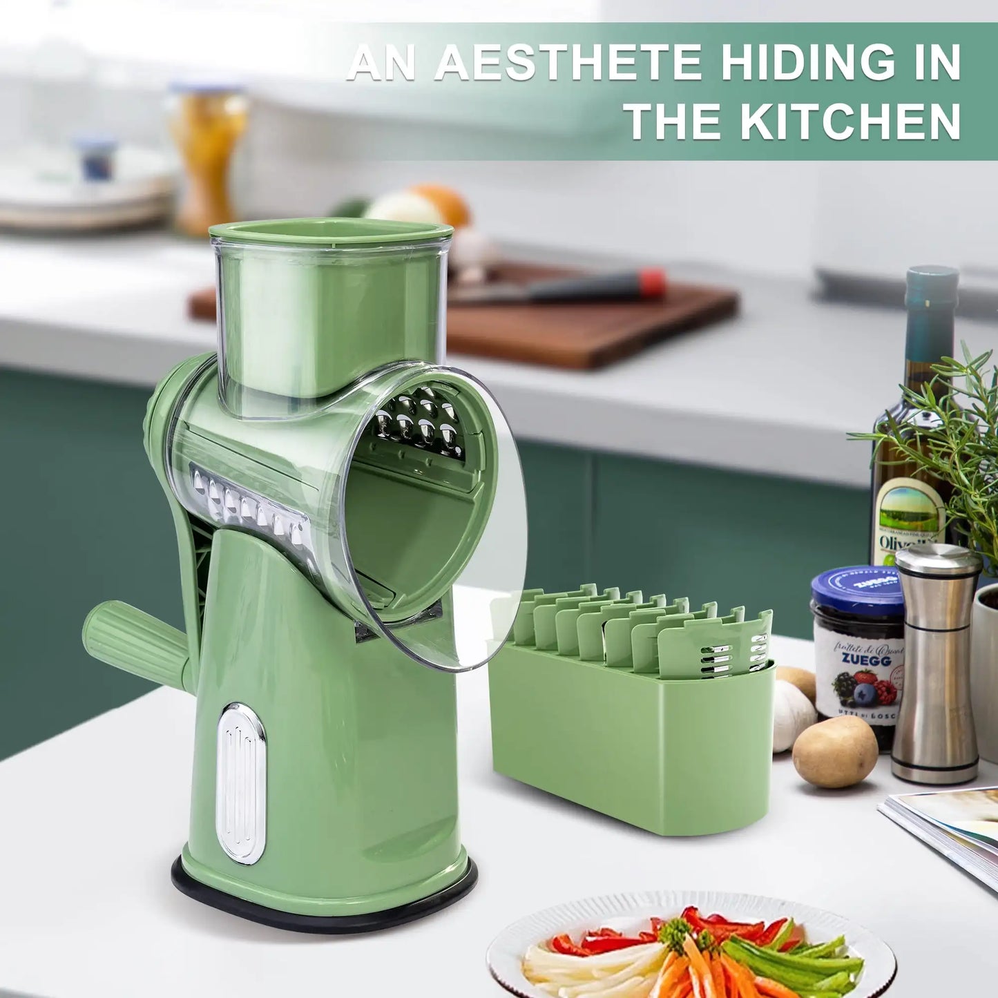 Rotary Cheese Grater with Handle Food Shredder and 5 Well Designed Blades with Strong Suction Base Round Mandoline Slicer - Cheerful Home Finds