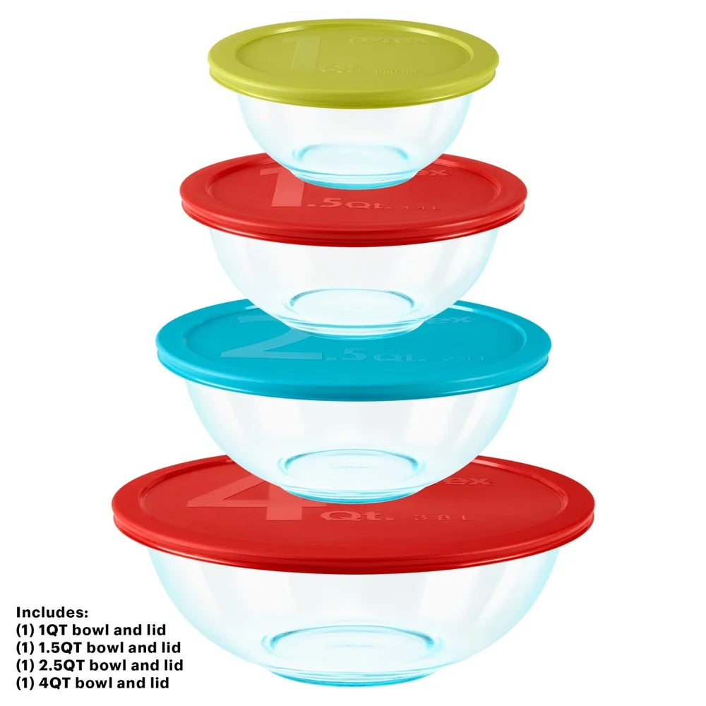 8 Piece Mixing Bowl Set Durable Glass Cookware Microwave Dishwasher Safe Easy Clean Hygienic Reusable Oven Freezer Safe Kitchen