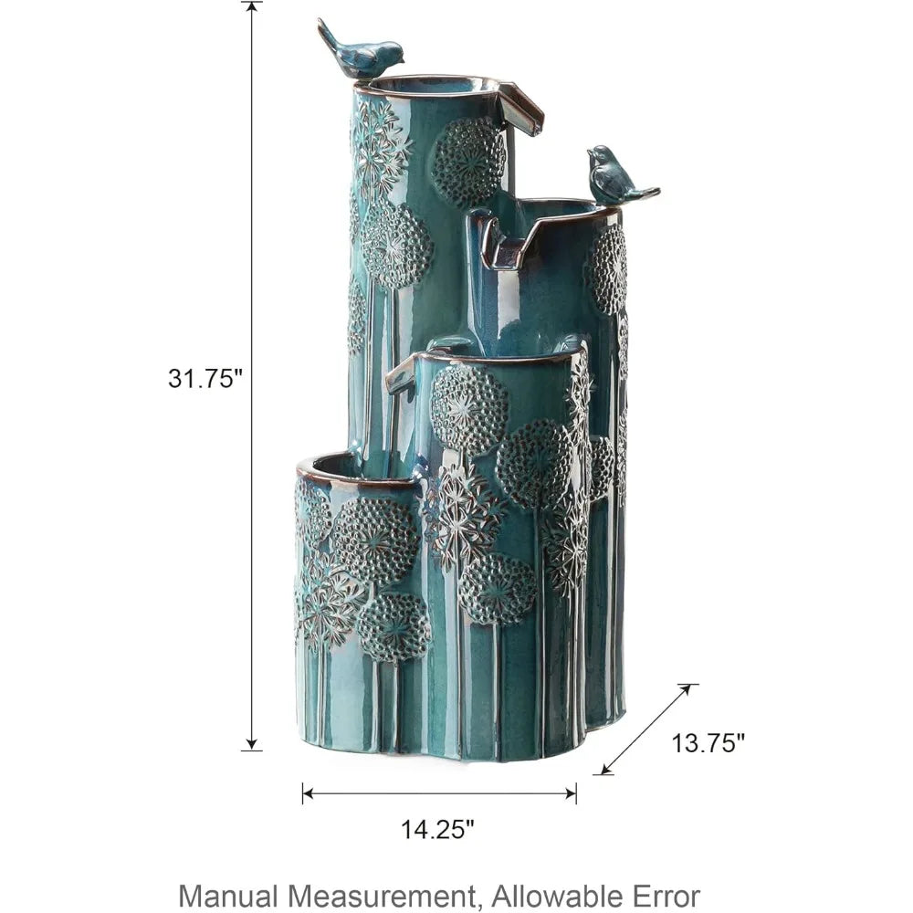 31.75 Inch Outdoor Water Fountain with LED Lights and Pump 4 Tier Dandelion Texture Vase Shaped Ceramic Floor Standing Fountain