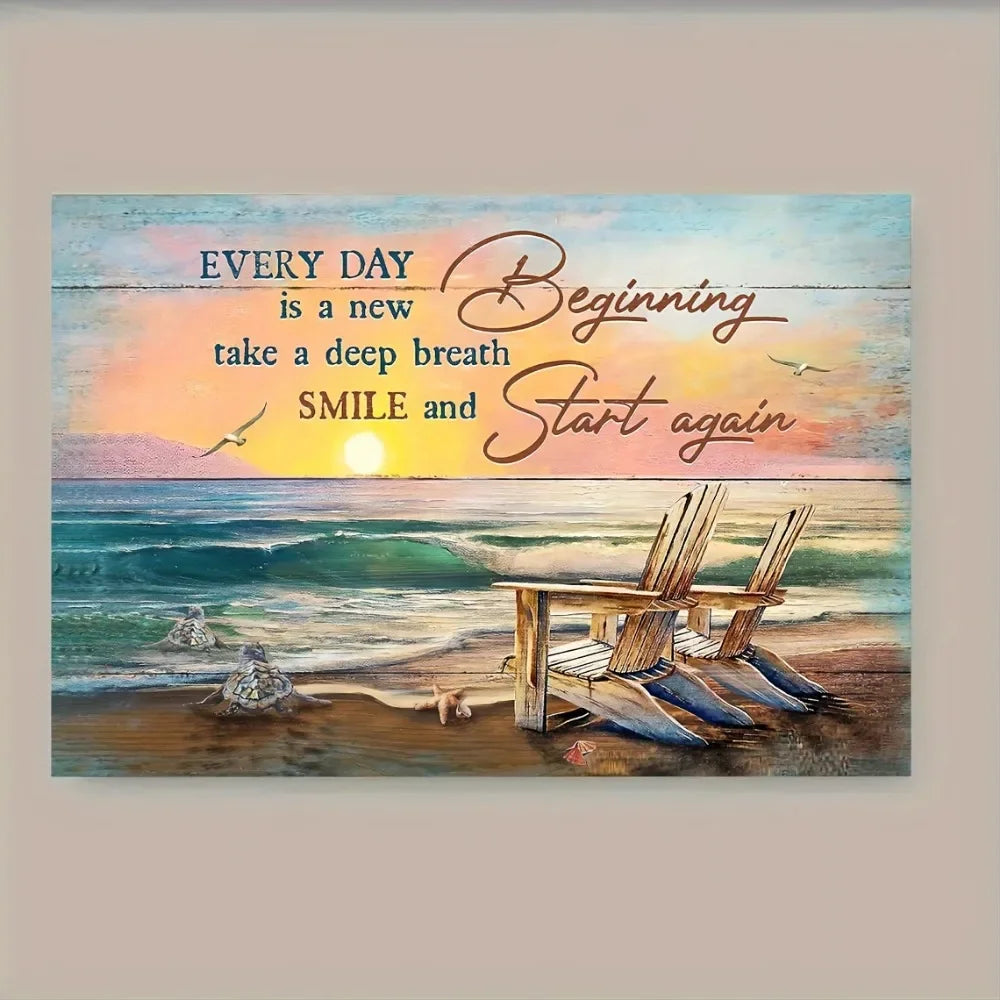1 1.5 Inch Thick Pine Frame Canvas Wall Art Beach Sunset Scene Inspirational Quote Every Day Is A New Beginning