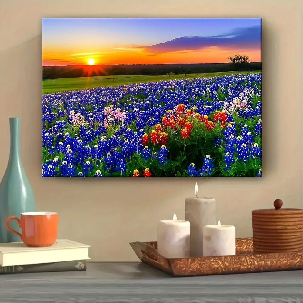 1.5 Inch Thick Pine Frame Blue Lily Sunset Canvas Art Vibrant Wildflower Landscape Wall Decoration Suitable for Interior Decoration - Cheerful Home Finds