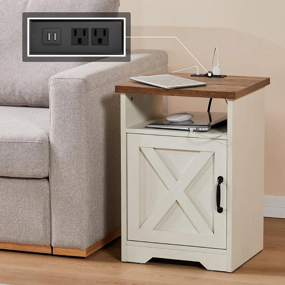 3 Piece Farmhouse Living Room Table Set with Coffee Table and 2 End Tables Charging Station and USB Ports Distressed White