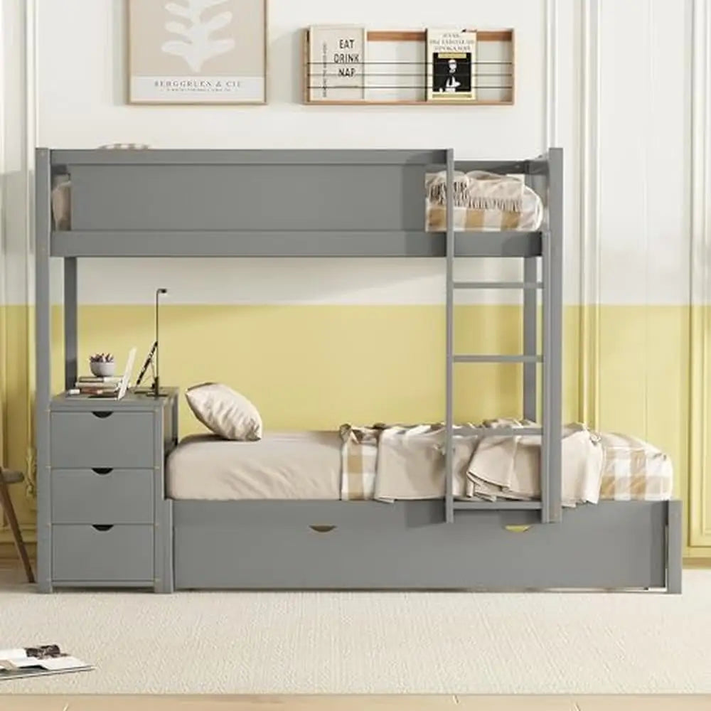 Twin Over Twin Bunk Beds with Desk Storage Drawers Trundle Charging Station Kids Teens Girls Gray Wood Frame 65.4"H 300 lbs - Cheerful Home Finds