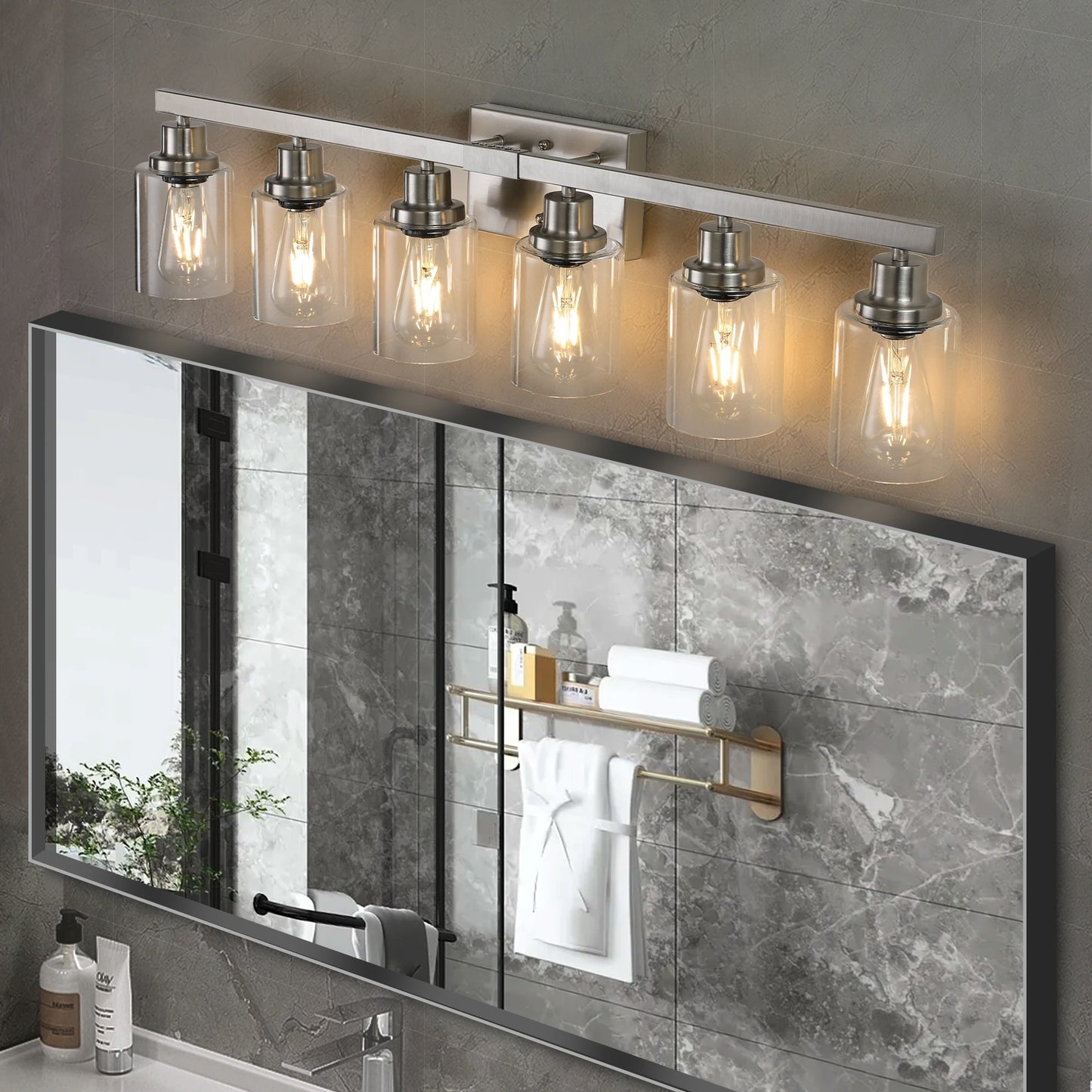6 Light Bathroom Vanity Light Industrial Metal Fixture with Clear Glass Shades Wall Mount Mirror Lighting for Bathroom No Bulb