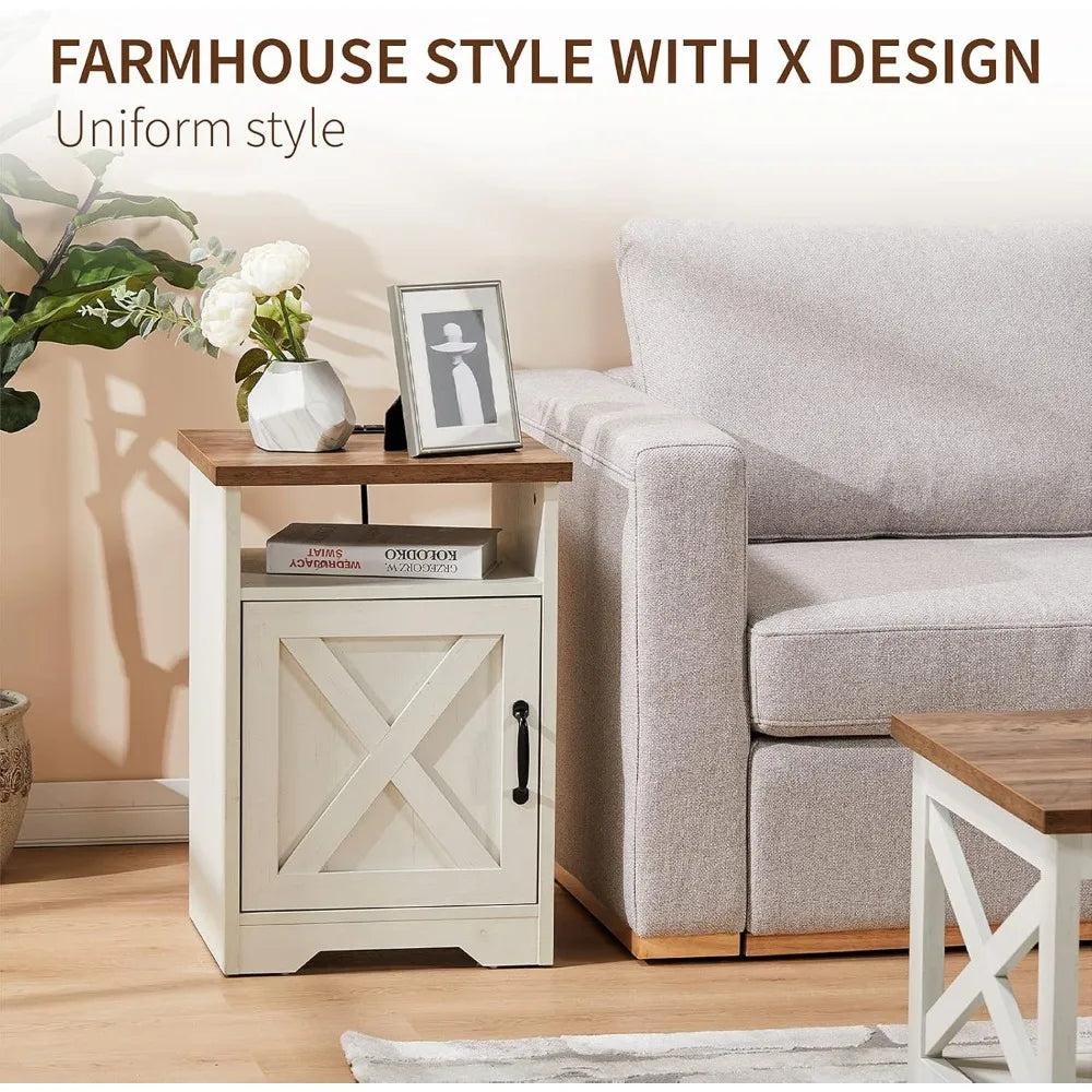 3 Piece Farmhouse Living Room Table Set with Coffee Table and 2 End Tables Charging Station and USB Ports Distressed White