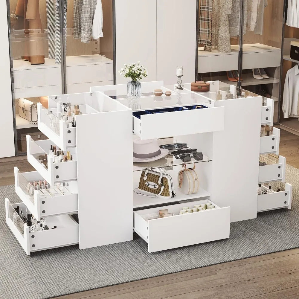 Closet Island with Drawers, White Dresser & Glass Top - Cheerful Home Finds