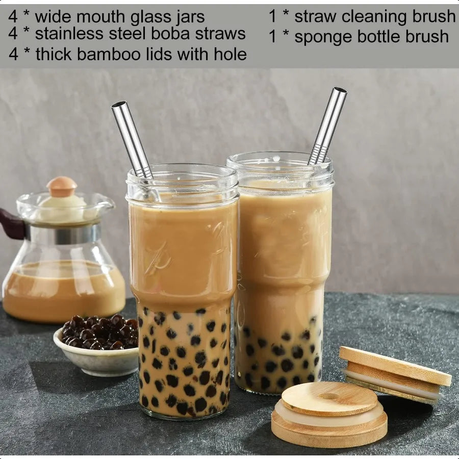 4 Pack Glass Cups with Bamboo Lids and Straws 24 oz Mason Jar Glass Tumblers Reusable Boba Cups Iced Coffee Drinking Glasses