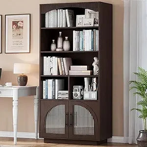70 Inch Tall Bookshelf with Doors 5 Tier Storage Cabinet and Adjustable Shelves Mid Century Modern Bookcase Wood Finish