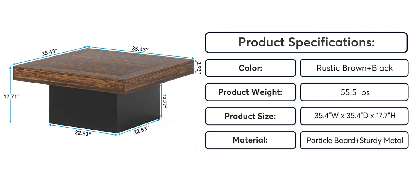 Tribesigns Square LED Coffee Table Engineered Wood Low Coffee Table for Living Room Rustic Brown and Black