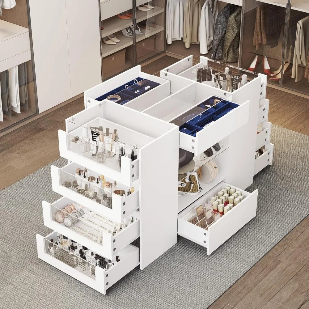 Closet Island with Drawers, White Dresser & Glass Top - Cheerful Home Finds