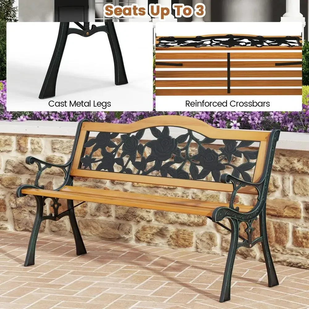 Durable Outdoor Garden Bench Cast Iron Hardwood Furniture Weather Resistant Park Loveseat Chair Patio Yard Relaxing