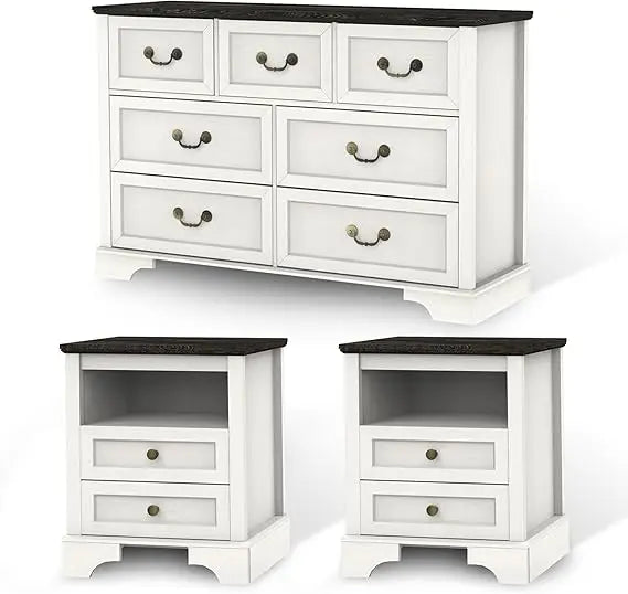 Farmhouse Bedroom Set 3 Pieces Rustic Wood 6 Drawer Dresser Nightstands and Wide Chest of Drawers Furniture