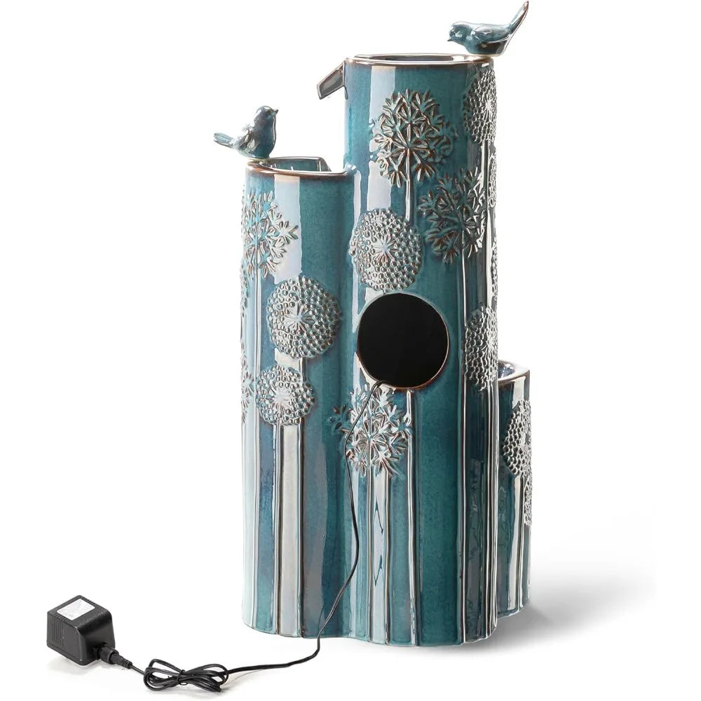 31.75 Inch Outdoor Water Fountain with LED Lights and Pump 4 Tier Dandelion Texture Vase Shaped Ceramic Floor Standing Fountain