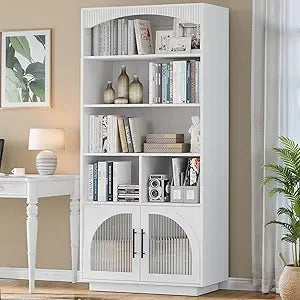 70 Inch Tall Bookshelf with Doors 5 Tier Storage Cabinet and Adjustable Shelves Mid Century Modern Bookcase Wood Finish