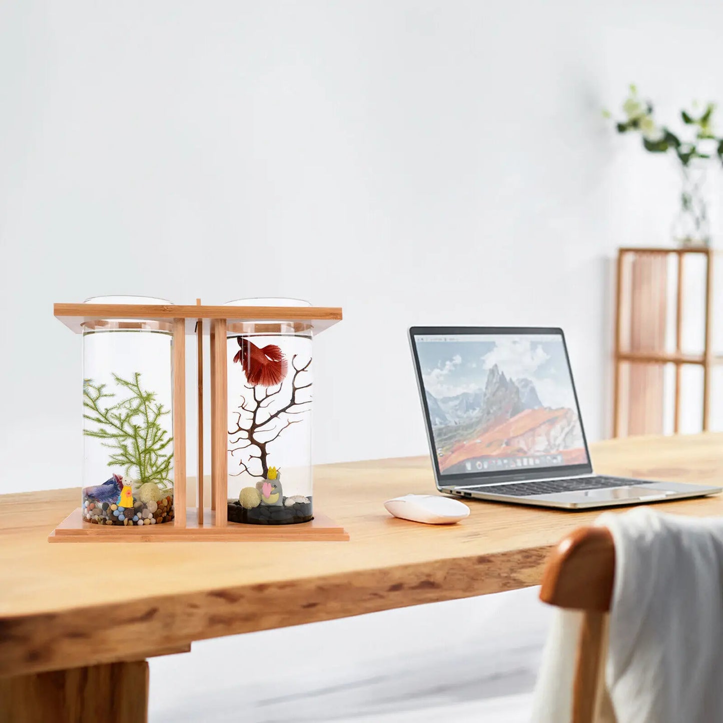 Glass Betta Fish Tank Bamboo Base Mini Aquarium For Desktop - Cheerful Home Finds