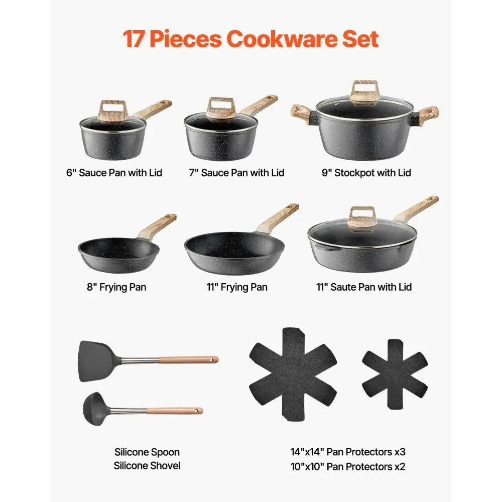 17 Piece Granite Nonstick Cookware Set for Induction Black Kitchen Essentials