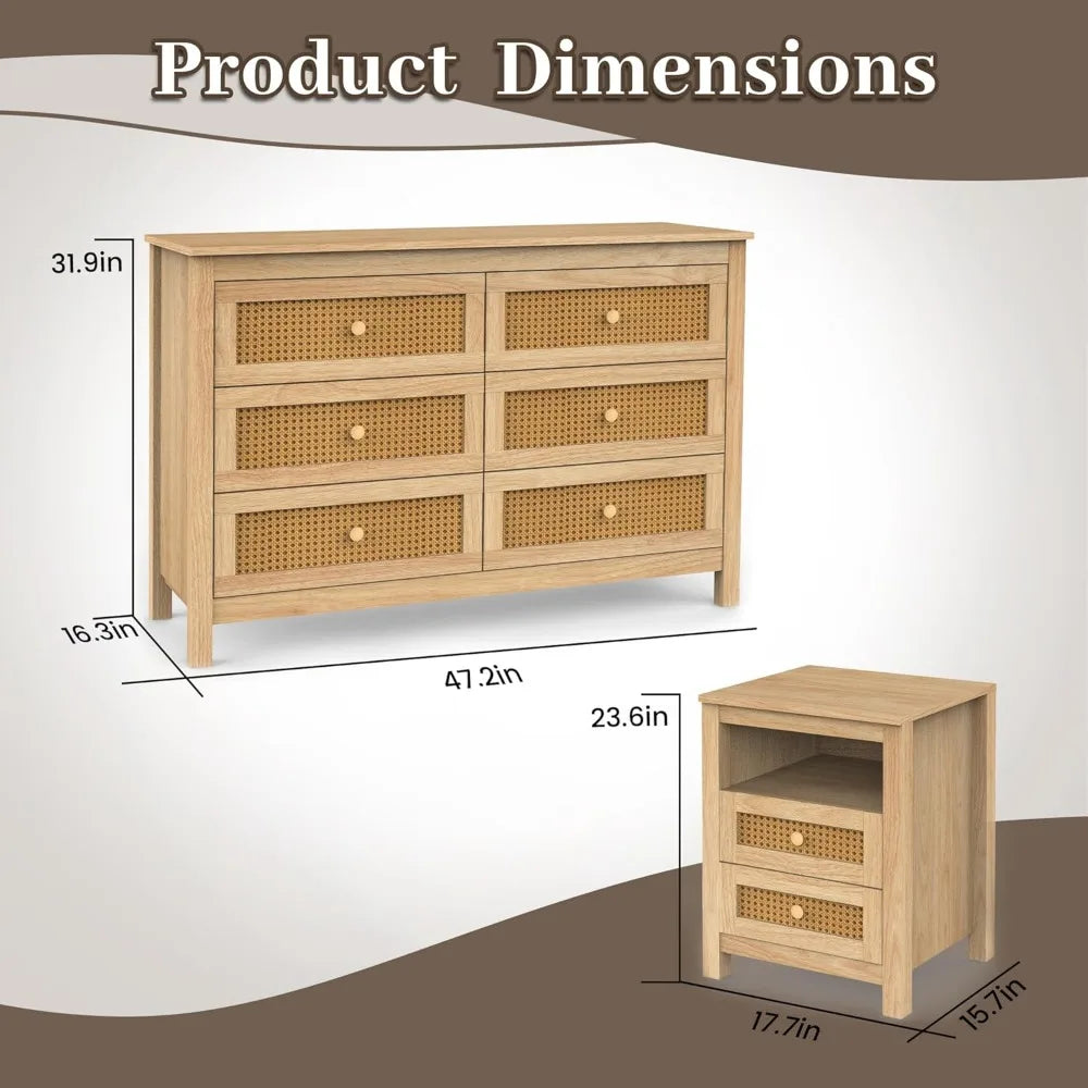 Farmhouse Bedroom Set 3 Pieces Rustic Wood 6 Drawer Dresser Nightstands and Wide Chest of Drawers Furniture