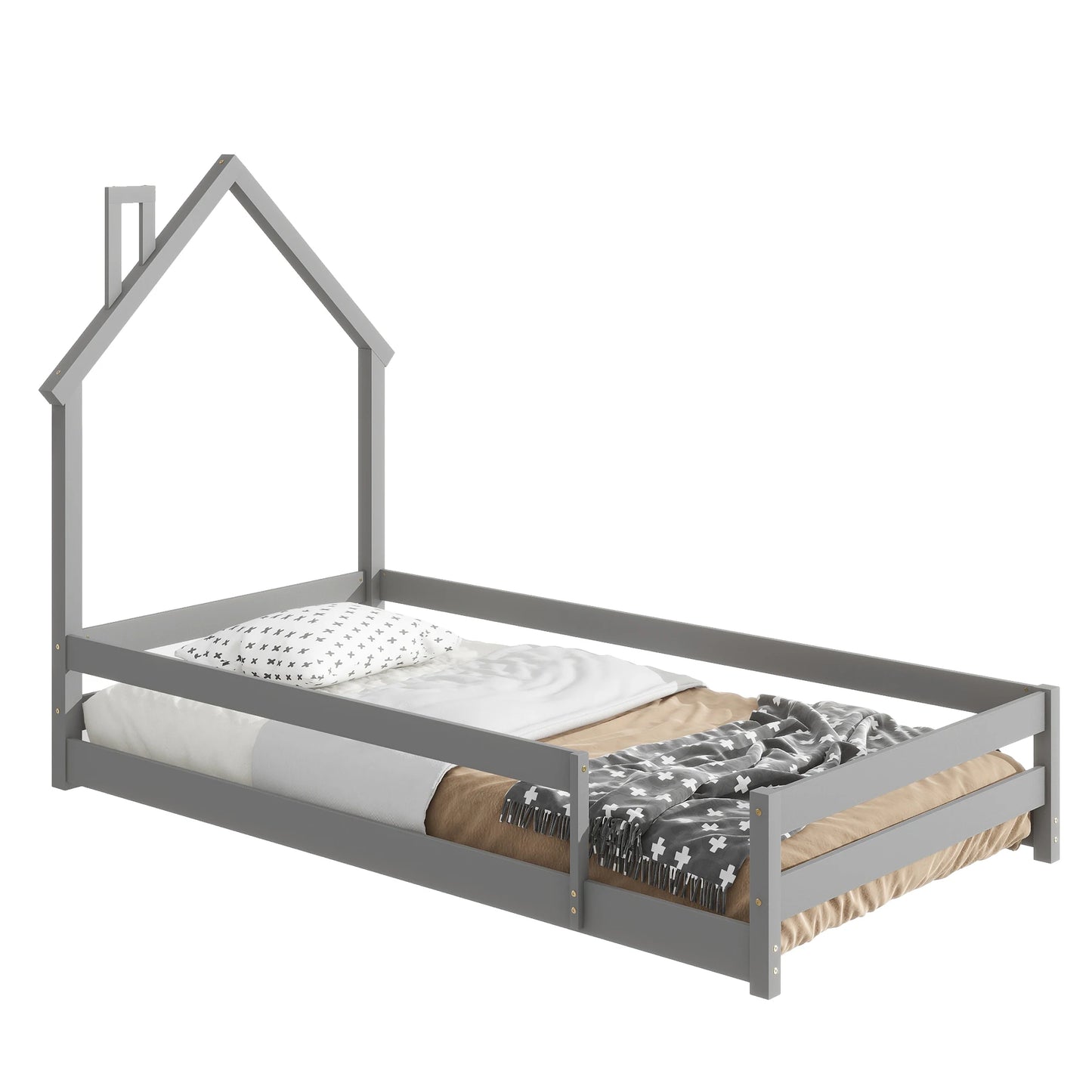 Twin Size Wood Bed With House-Shaped Headboard Grey - Cheerful Home Finds