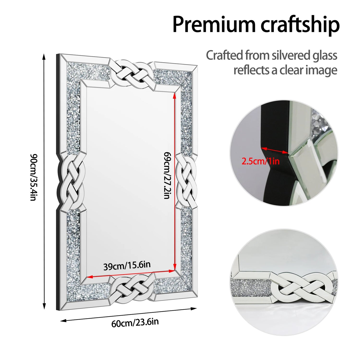 90/100/120CM Large Crystal Crush Diamond Mirror Vanity Silver Decorative Wall Hang Mirror - Cheerful Home Finds