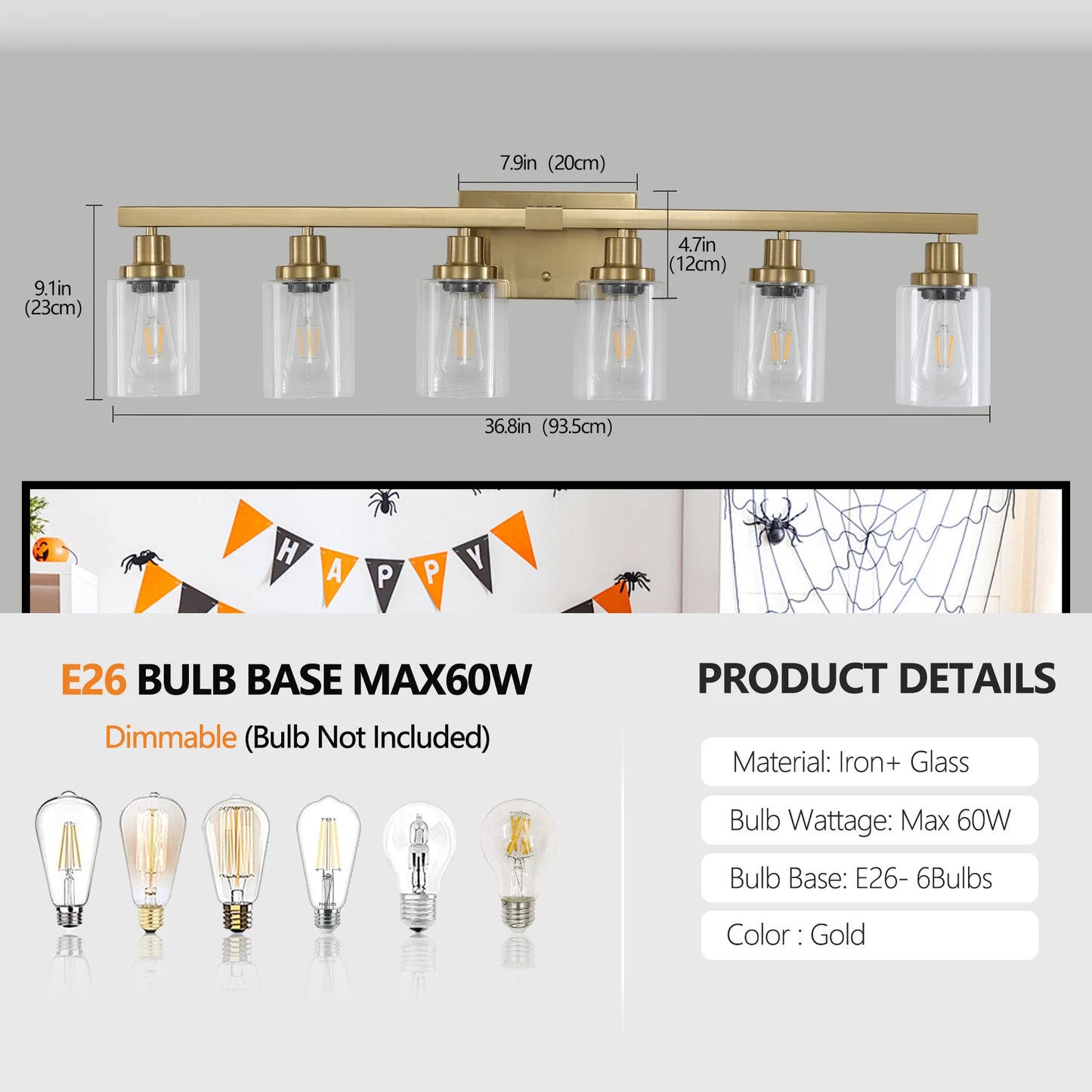 6 Light Bathroom Vanity Light Industrial Metal Fixture with Clear Glass Shades Wall Mount Mirror Lighting for Bathroom No Bulb