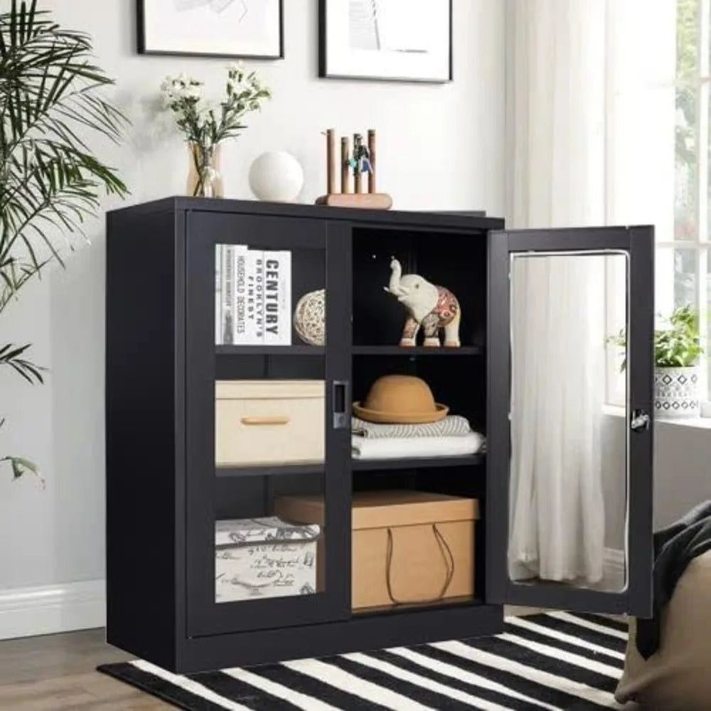 Black Metal Storage Cabinet with Doors and Shelves Display Cabinet with Acrylic Doors - Cheerful Home Finds