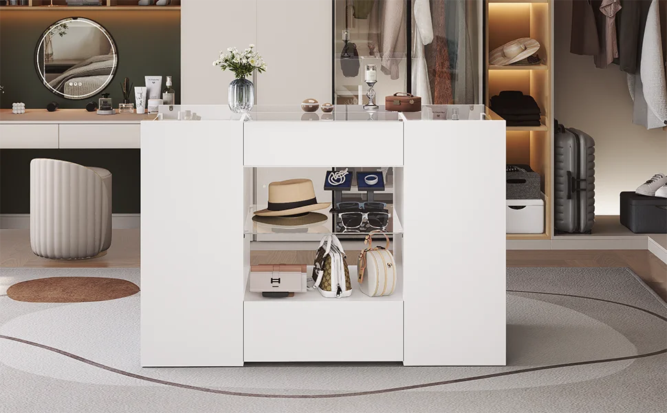 Closet Island with Drawers, White Dresser & Glass Top - Cheerful Home Finds