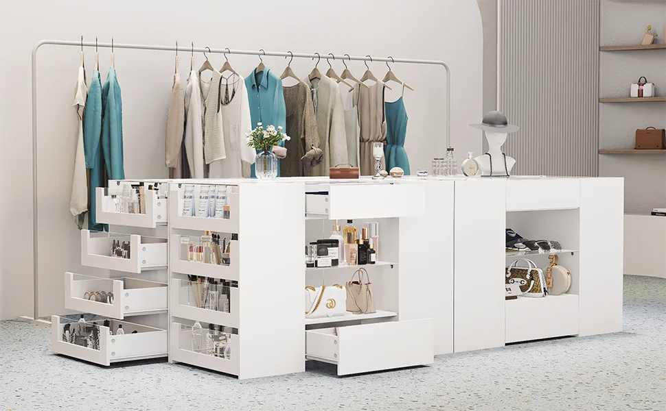 Closet Island with Drawers, White Dresser & Glass Top - Cheerful Home Finds