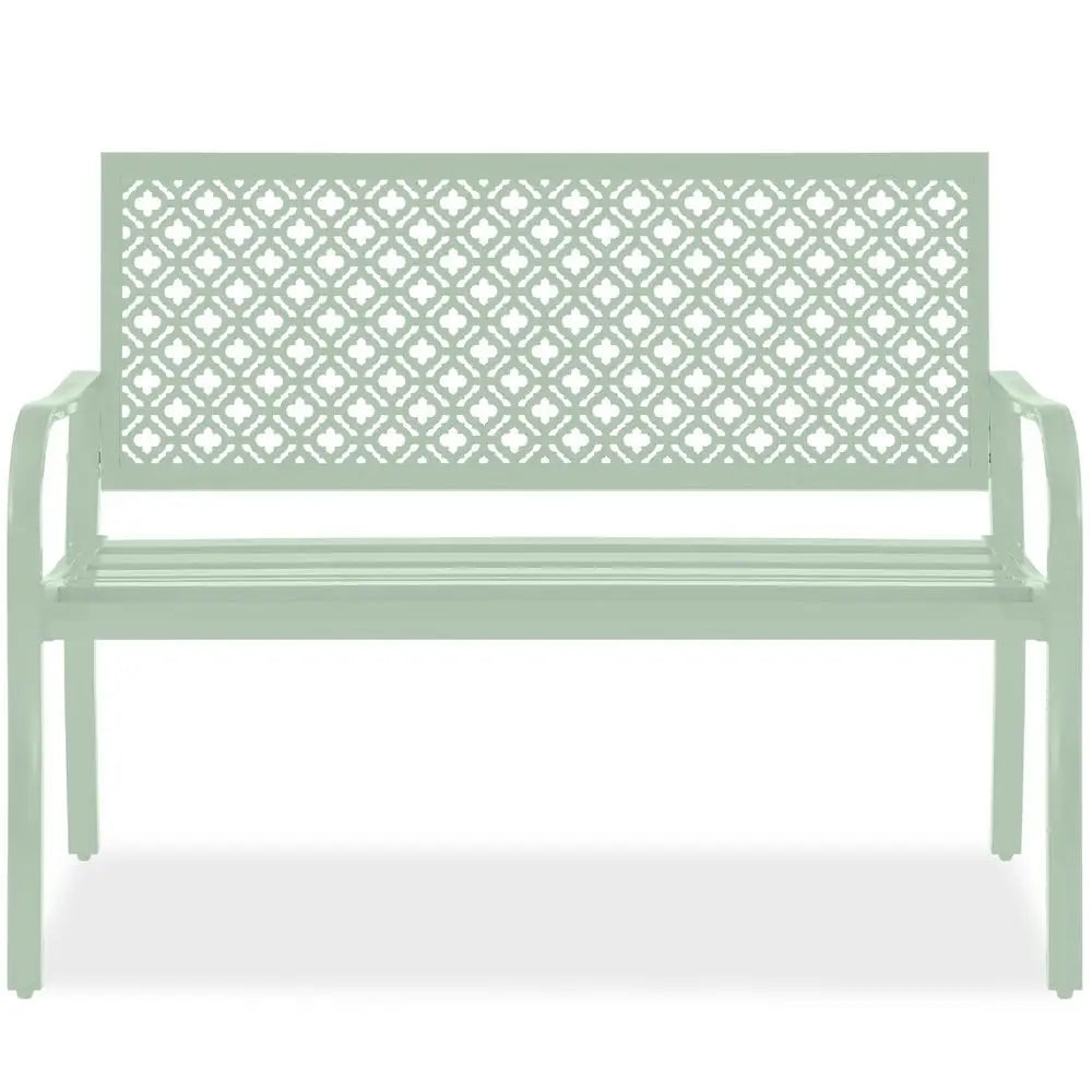 Outdoor Metal Bench for Two Persons Steel Garden Patio Furniture with Geometric Backrest Lightweight Weather Resistant Easy Assembly