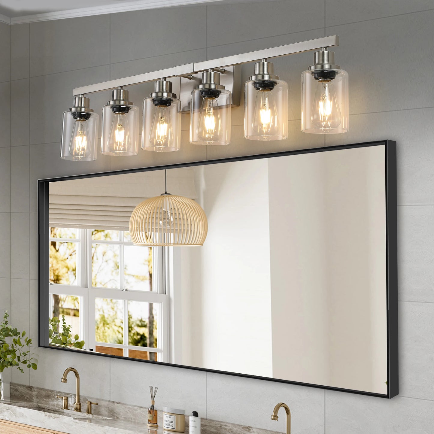 6 Light Bathroom Vanity Light Industrial Metal Fixture with Clear Glass Shades Wall Mount Mirror Lighting for Bathroom No Bulb
