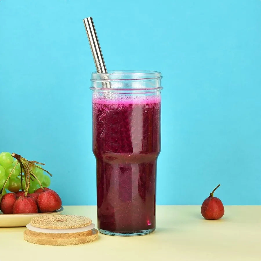4 Pack Glass Cups with Bamboo Lids and Straws 24 oz Mason Jar Glass Tumblers Reusable Boba Cups Iced Coffee Drinking Glasses