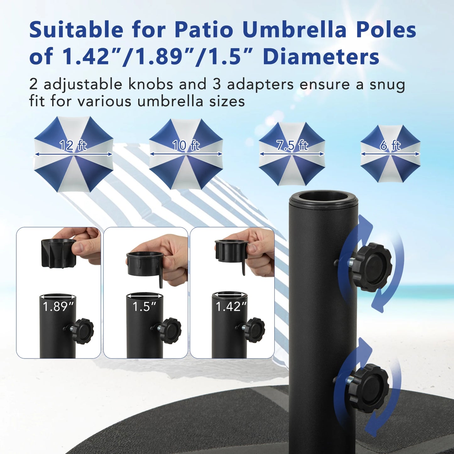 Patio Round Umbrella Base with Two Adjustable Knobs and Three Adapters for Outdoor Poolside Use