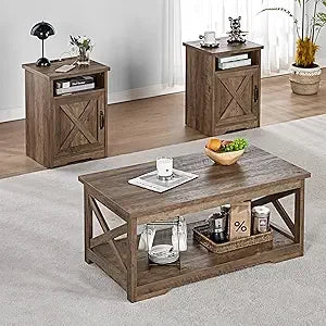 3 Piece Farmhouse Living Room Table Set with Coffee Table and 2 End Tables Charging Station and USB Ports Distressed White - Cheerful Home Finds