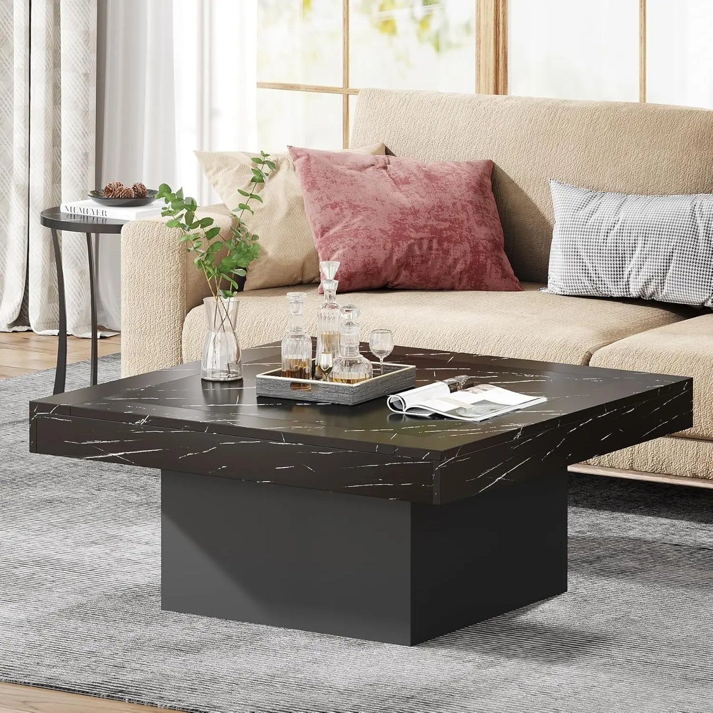 Tribesigns Square LED Coffee Table Engineered Wood Low Coffee Table for Living Room Rustic Brown and Black