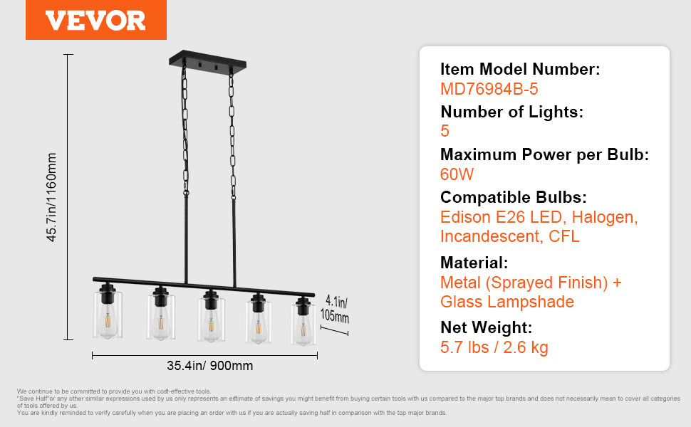 VEVOR 5 Light Kitchen Island Pendant Lights 60W Clear Glass Lampshade 4 Rods 2 Metal Chains Farmhouse Linear Chandeliers